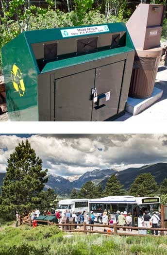 Park recycle bins and visitors loading a shuttle bus