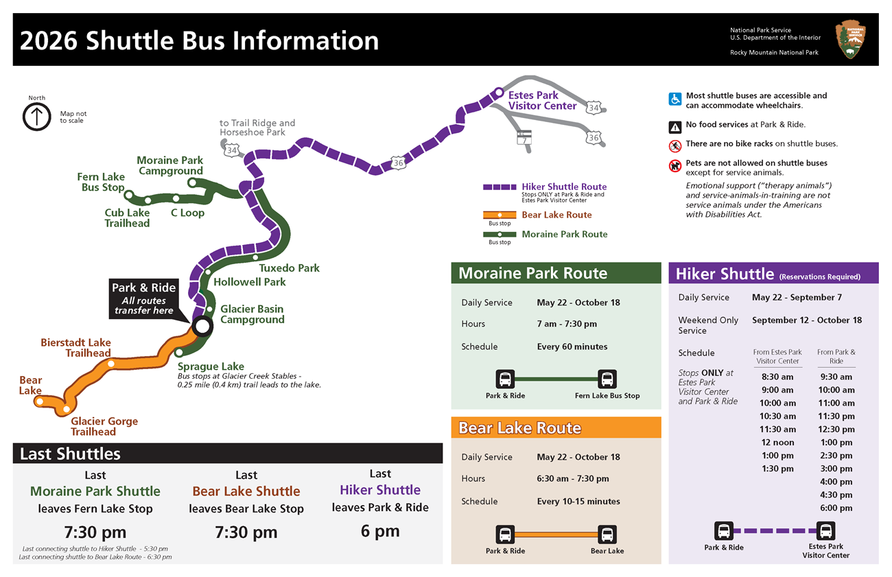 Map of the RMNP Bear Lake Shuttle, Moraine Park Shuttle, and Hiker Shuttle Route