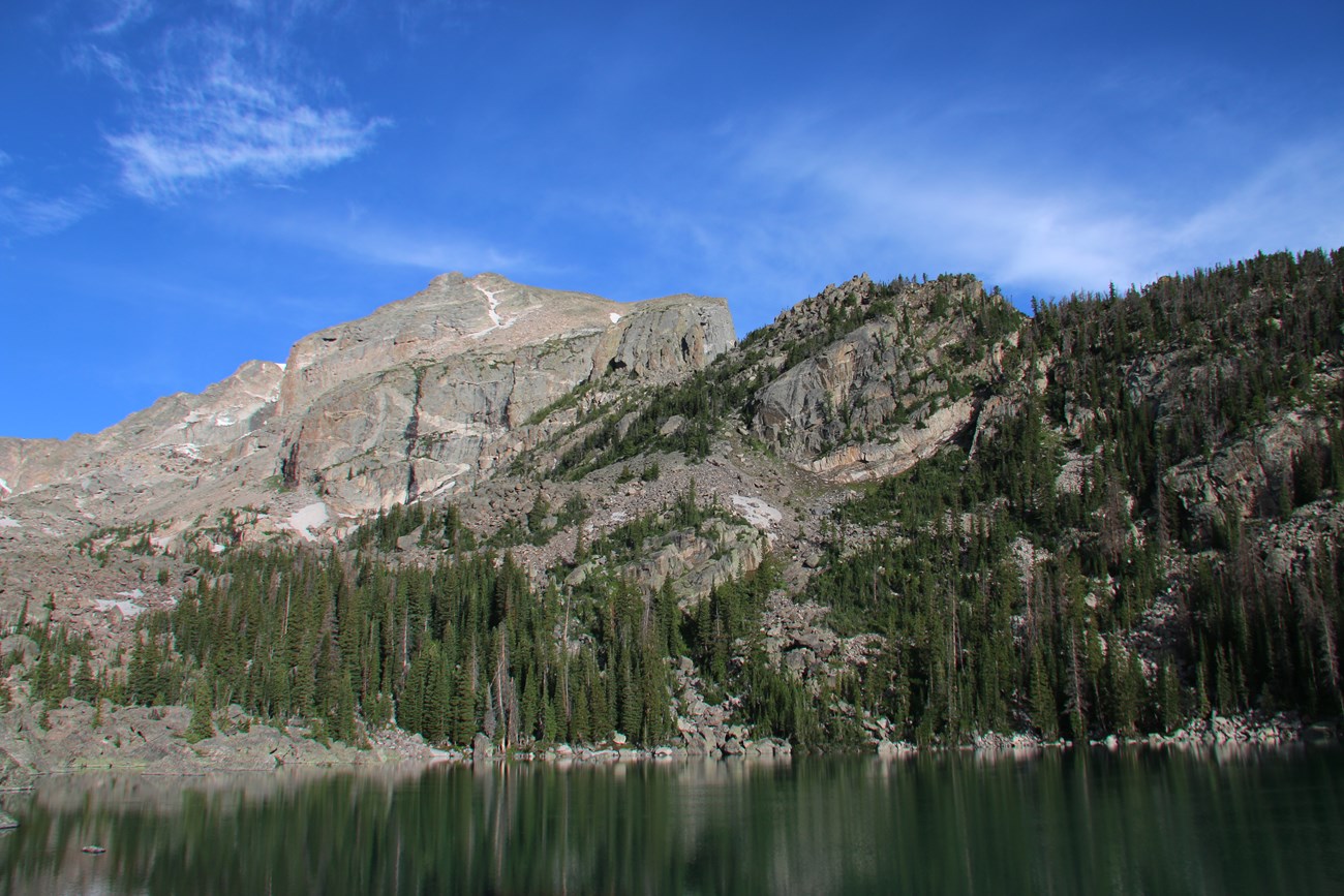 Looking up at Rocks sliding into Upper Chaos Canyon from Lake Haiyaha