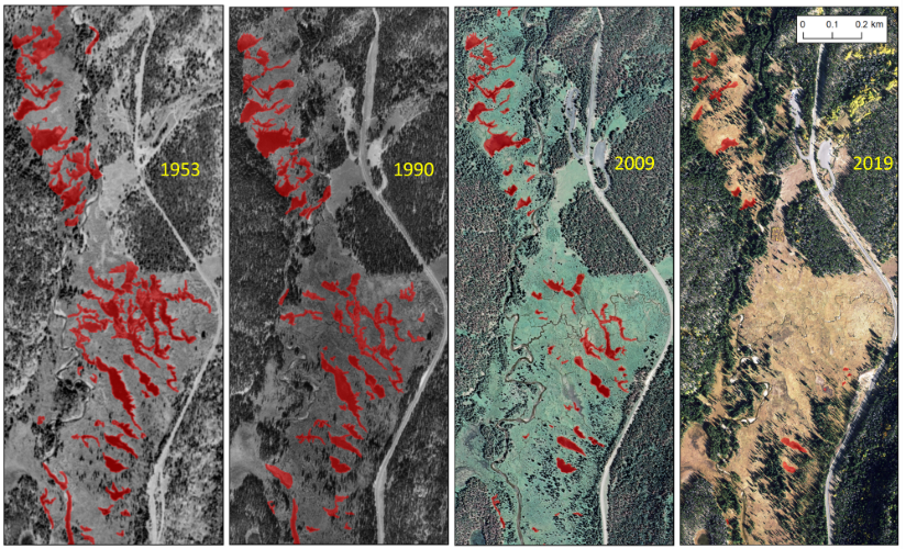 A time-series of photos that show surface water decline in the Kawuneeche Valley from 1953 - 2019.