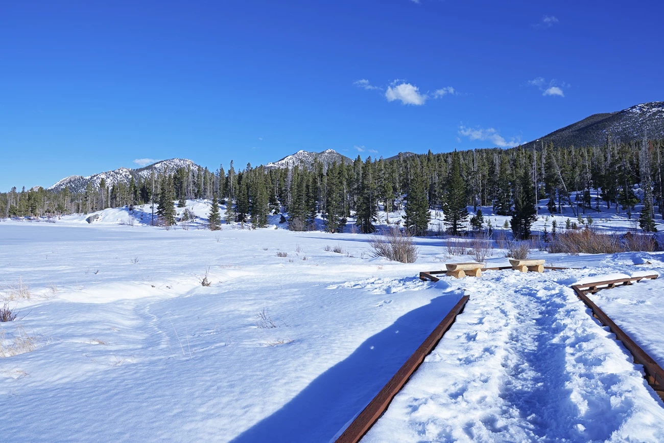 Sprague Lake in Winter Sprague Lake Boardwalk in winter. The lake and surface of the boardwalk are covered with snow. The sky is clear and blue overhead.