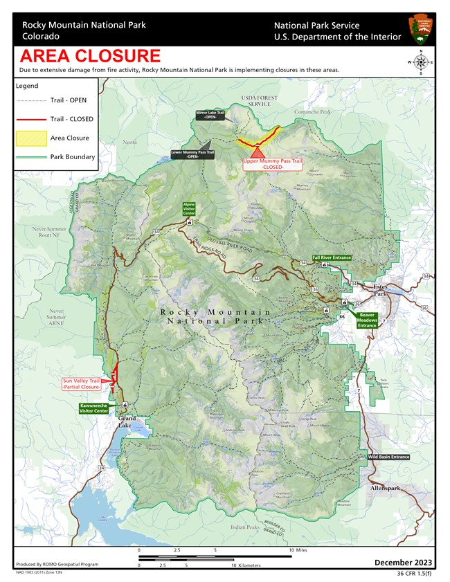 Map of Rocky Mountain National Park two area closures: Upper Mummy Pass Trail and a partial closure on the Sun Valley Trail