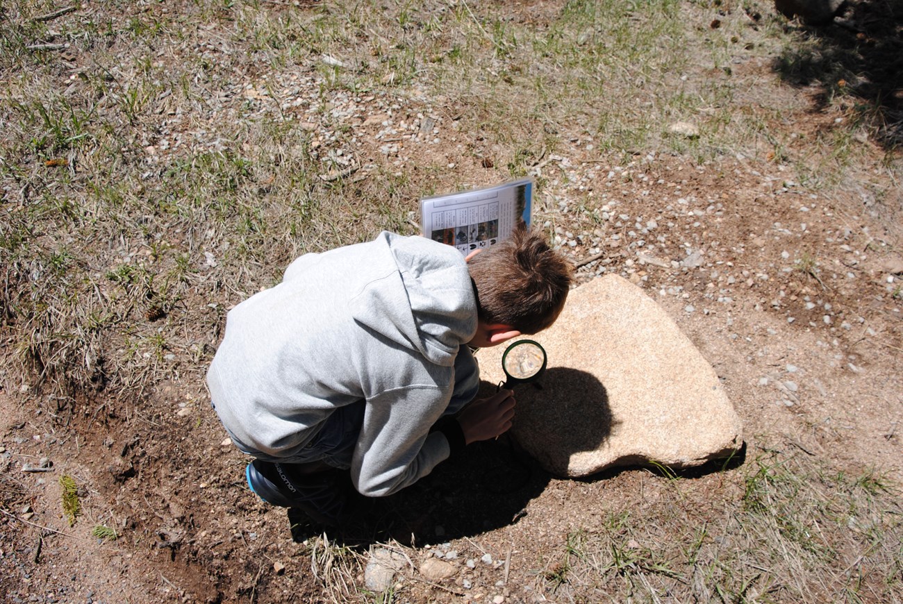 A Junior Ranger is crouched down, looking at the surface of a rock with a magnifying glass