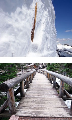 Snow pole on Trail Ridge Road and a trail bridge
