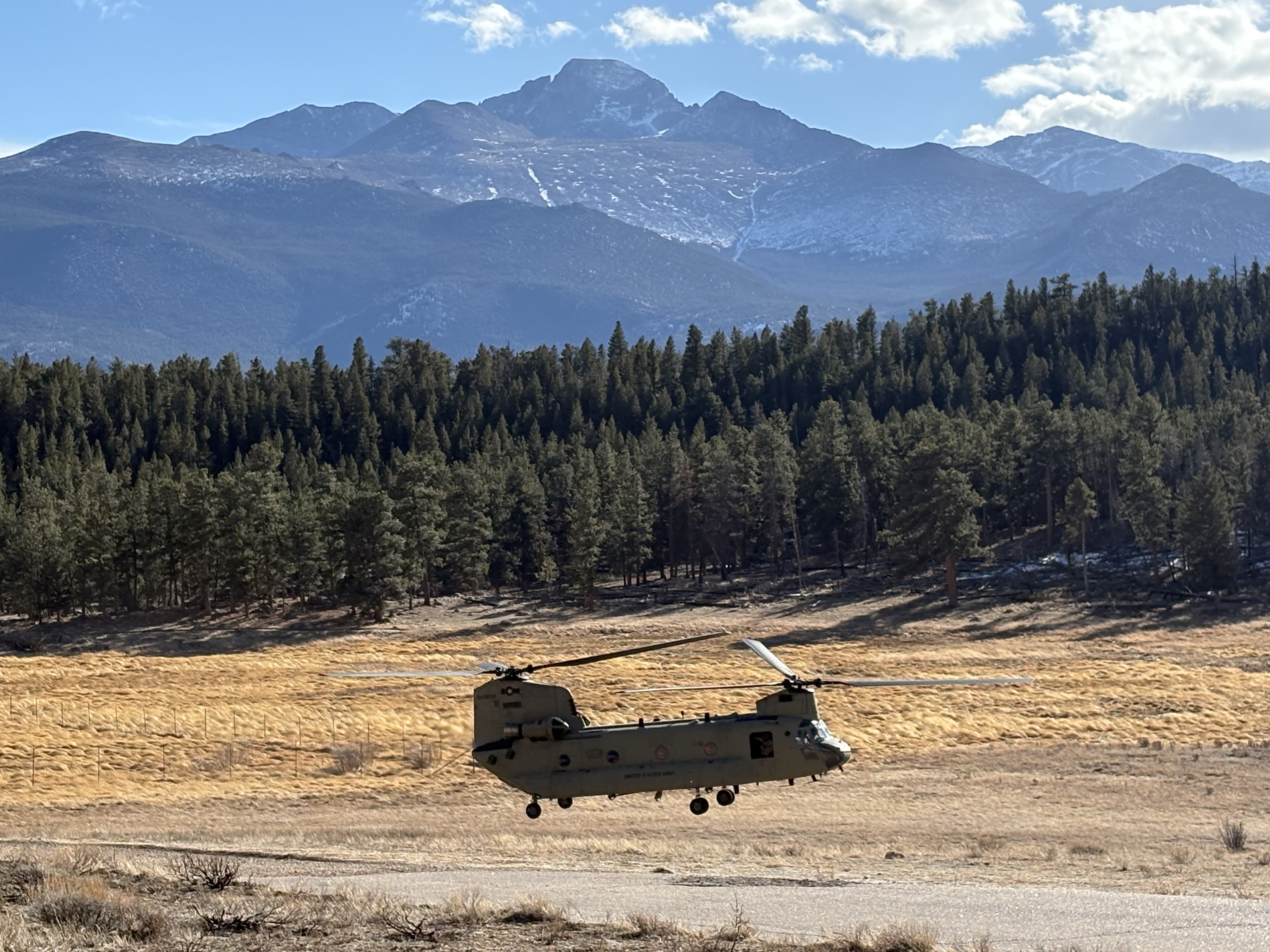 Colorado National Guard Chinook helicopter assists with rescue operations in Rocky Mountain National Park