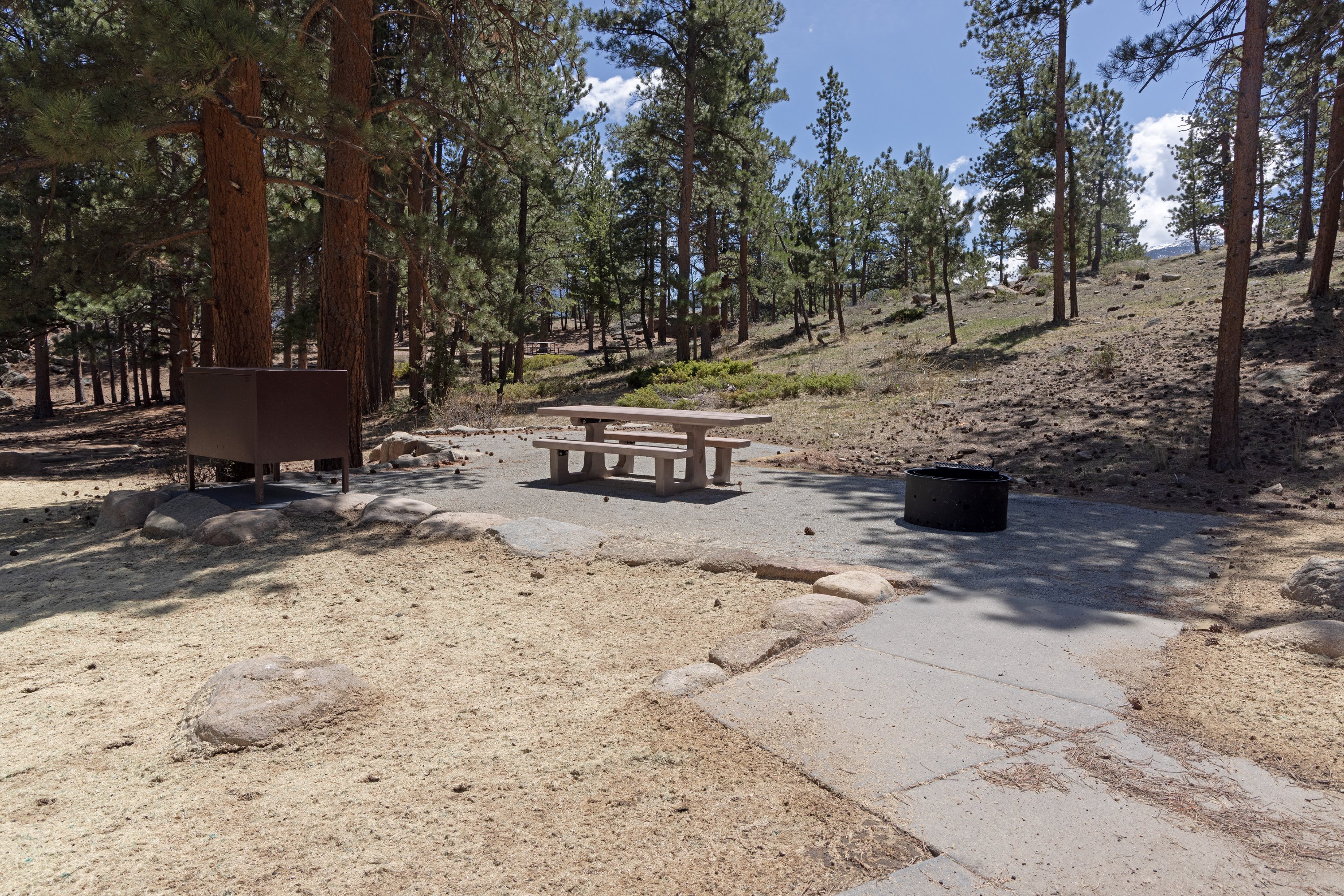 Courtesy RMNP_Campsite 9 A concrete path leads campers to a picnic table, fire ring, tent pad and food storage box in a newly-designed campsite in Moraine Park Campground