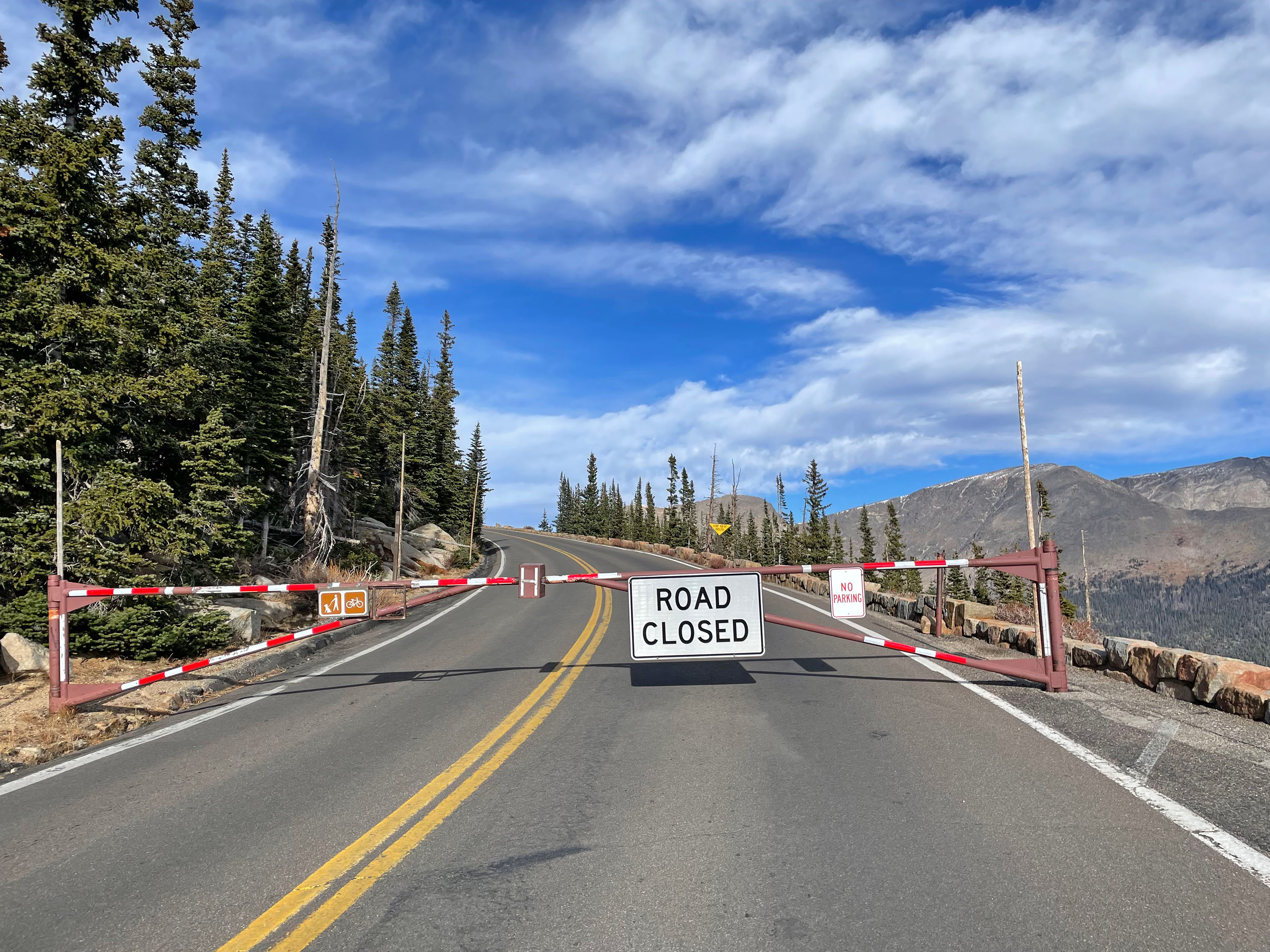 Courtesy RMNP_Trail Ridge Road Gate at Rainbow Curve Gate closed for vehicle through travel for Trail Ridge Road in Rocky Mountain National Park.
