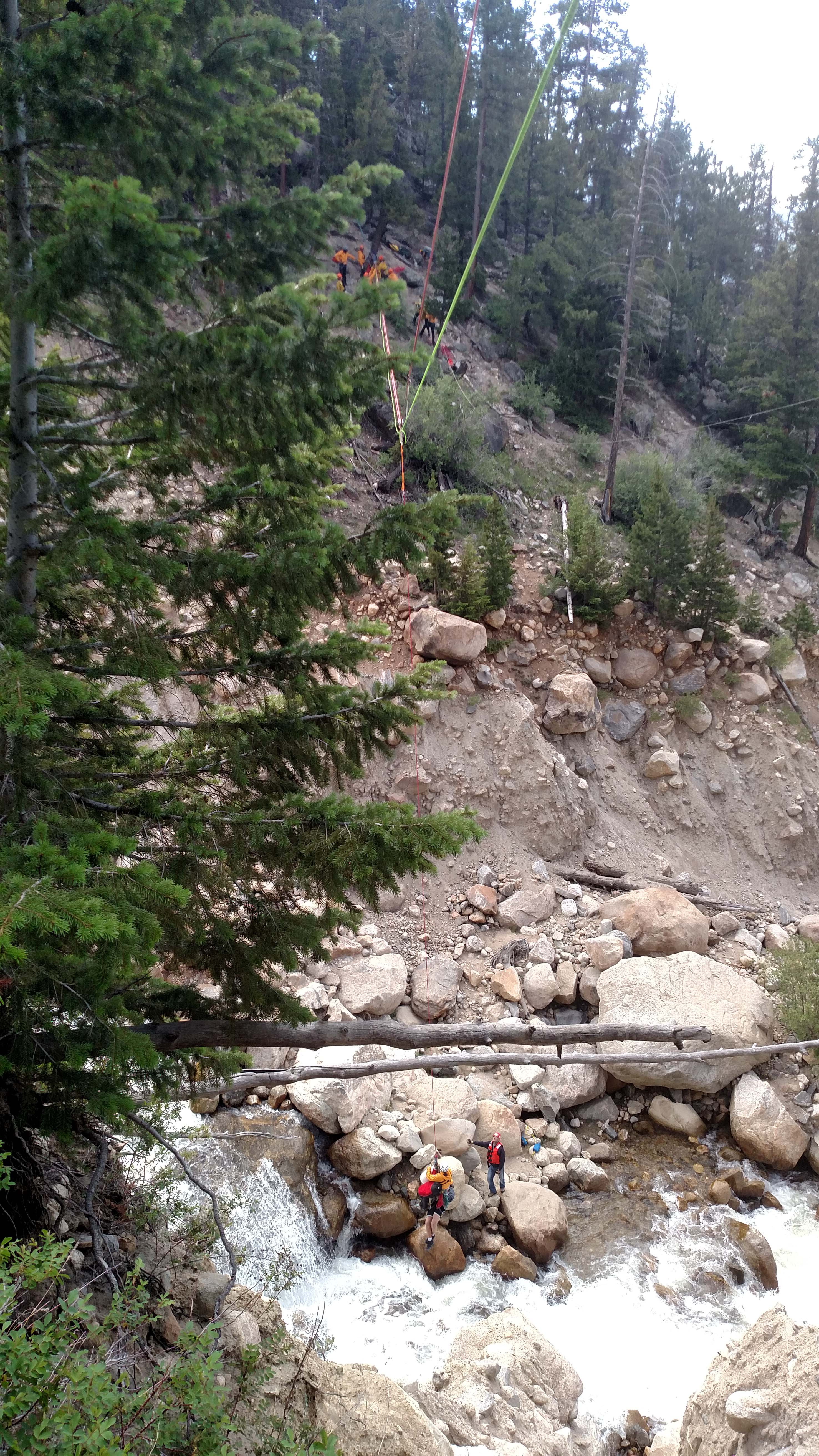 Highline rescue over Roaring River in Rocky Mountain National Park