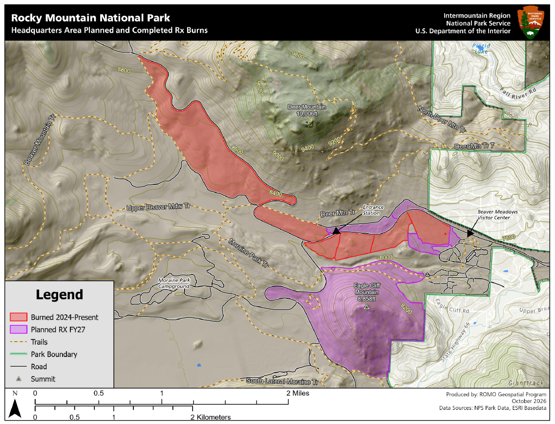 Map highlights previous and potential prescribed burn areas near Beaver Meadows Visitor Center.