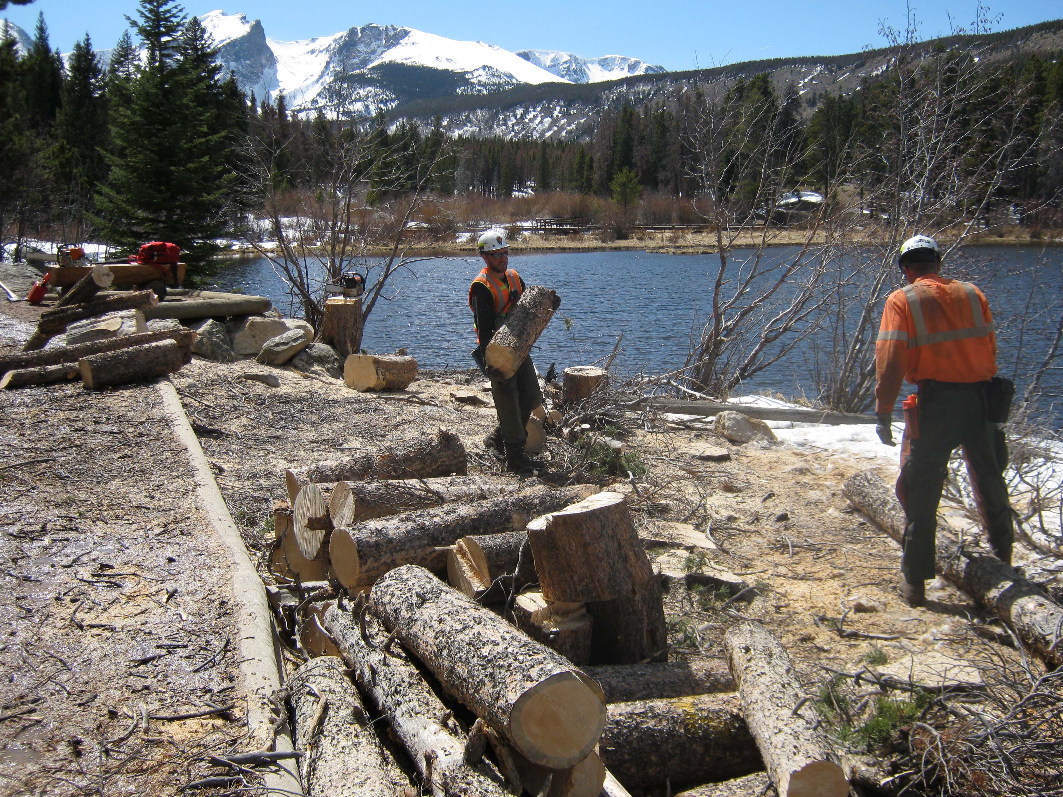 Hazard Tree mitigation along the Sprague Lake Trail Courtesy Rocky Mountain National Park Hazard tree mitigation along Sprague Lake paid for by park fees.