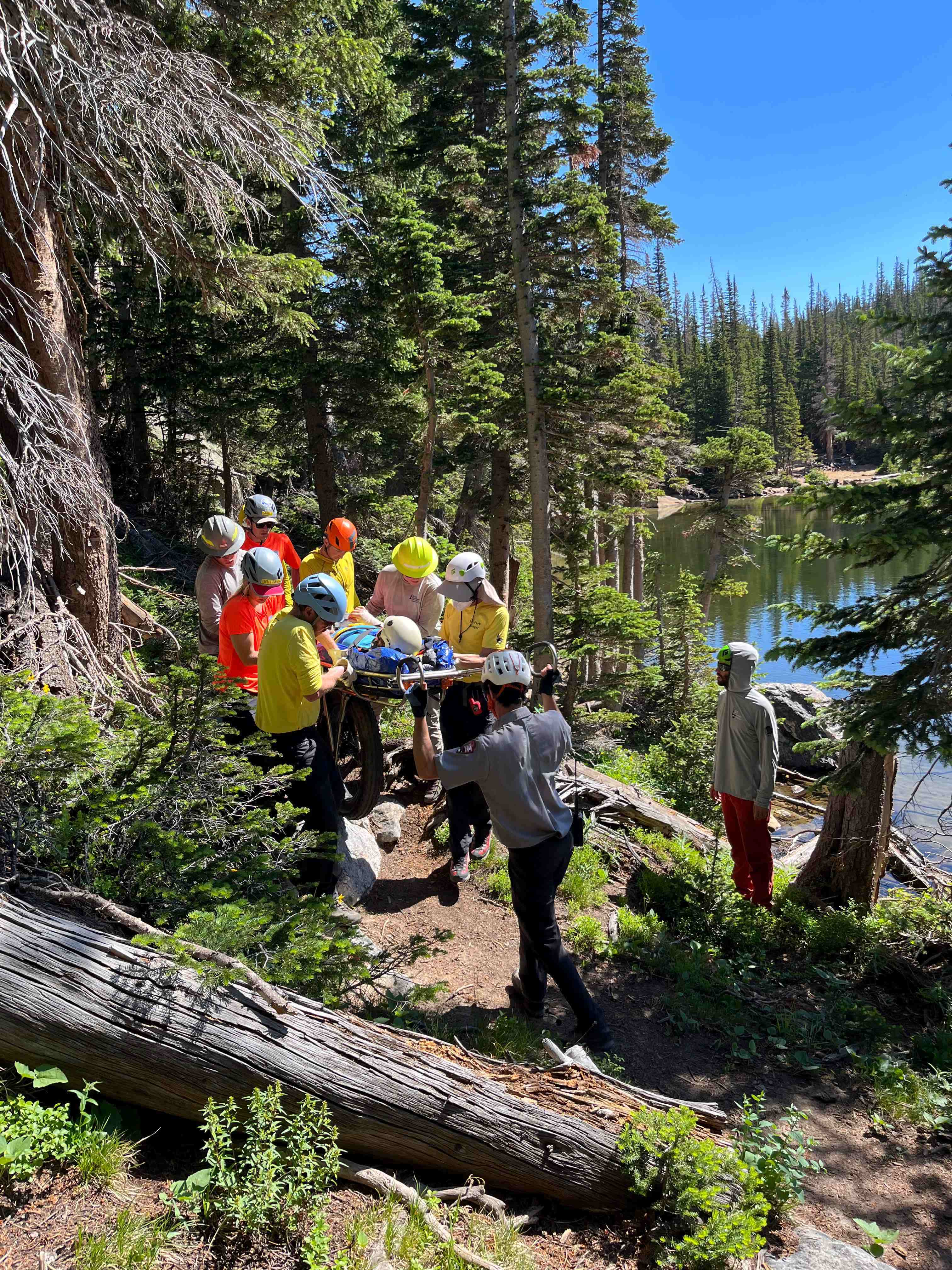 Incident on Ptarmigan Fingers female being littered to air ambulance July 11 Courtesy Rocky Mountain National Park Female patient being taken by litter to waiting air ambulance