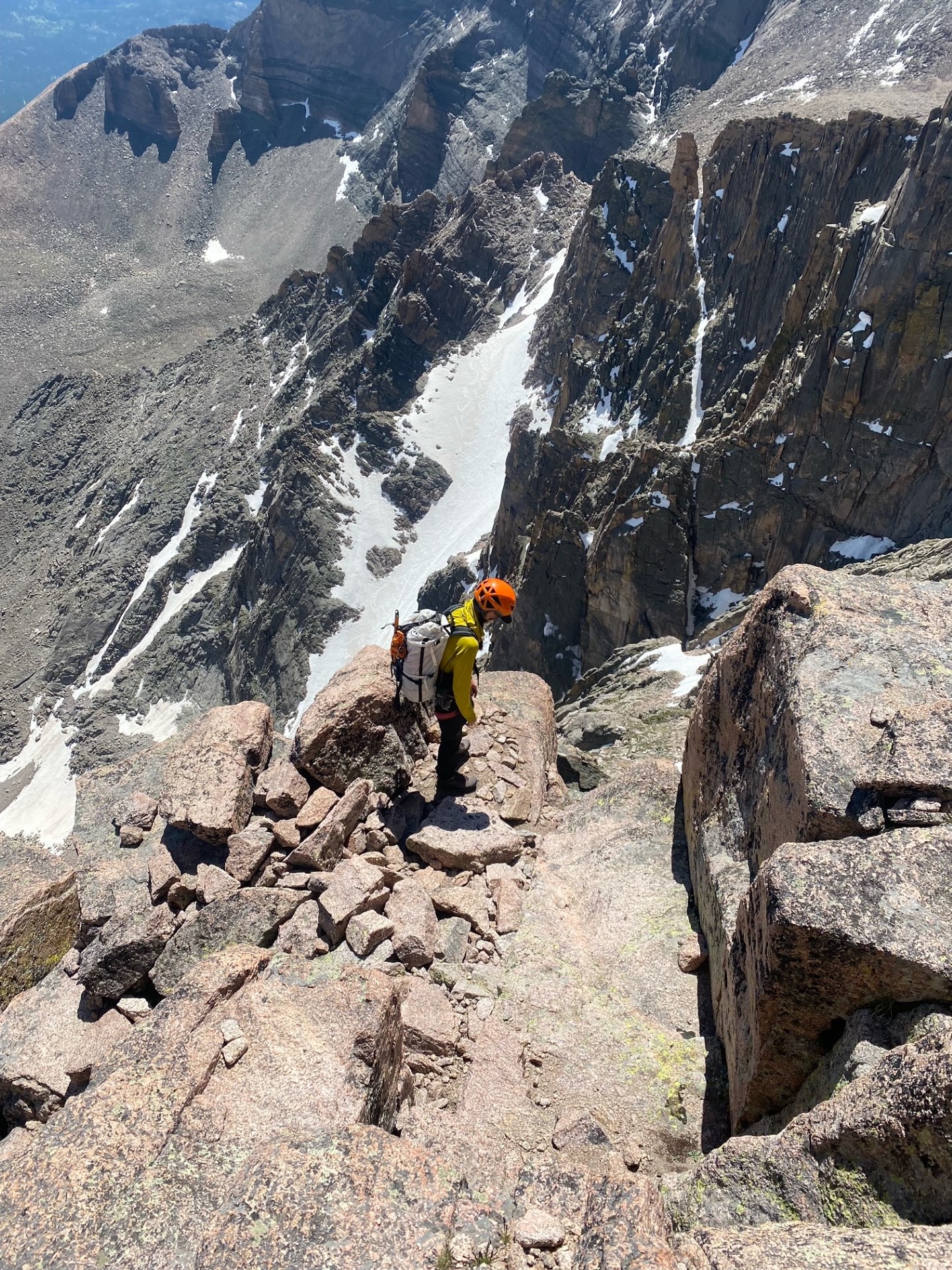 Longs Peak Rescue Operation July 12, 2023 A park ranger is working to help rescue a pair of climbers in technical terrain on Longs Peak