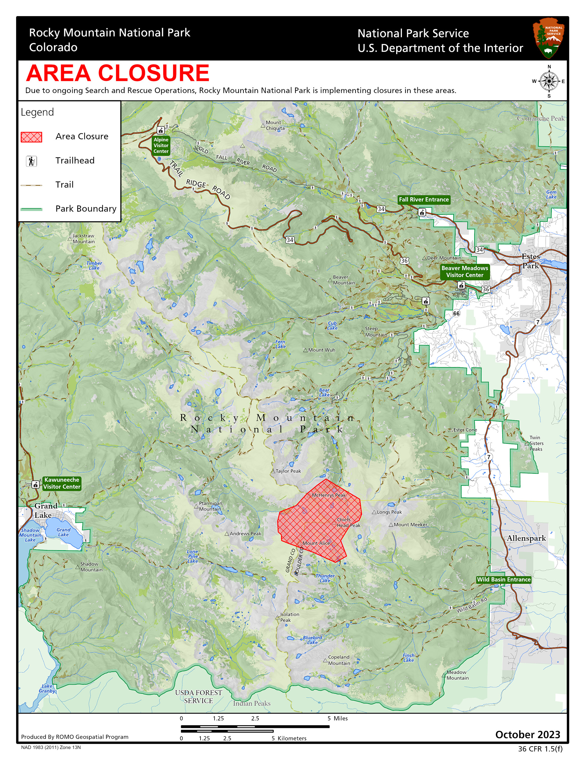 Map of Rocky Mountain National Park indicating a closure area from Mount Alice, Chiefs Head Peak, to north of McHenry's Peak