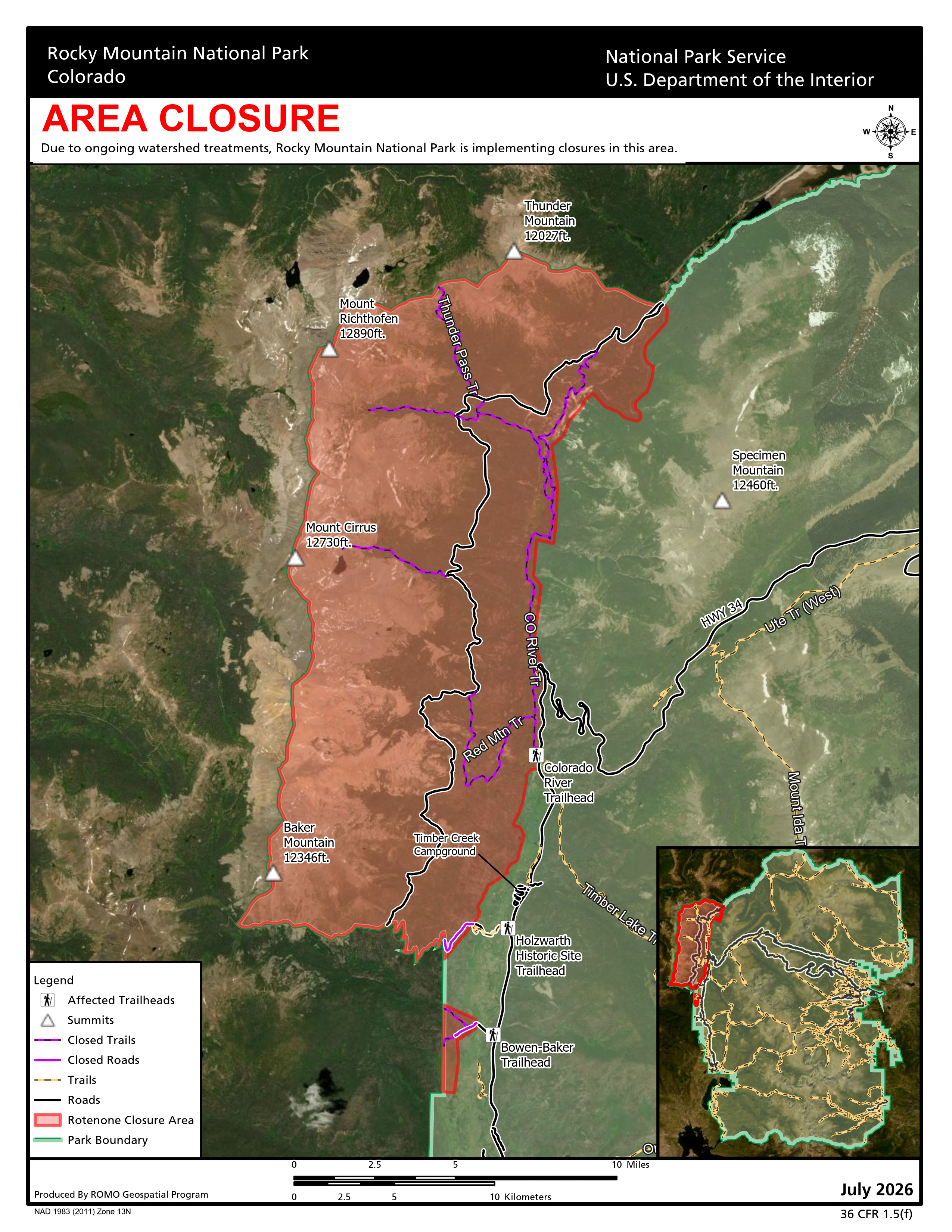 Map of the west side of Rocky Mountain National Park, with a large rectangular area shaded in red, indicating an area closure for the Poudre Headwaters Project, with the Colorado River Trail and Bowen-Baker Trails closed. Trail Ridge Road/US Hwy 34 remain