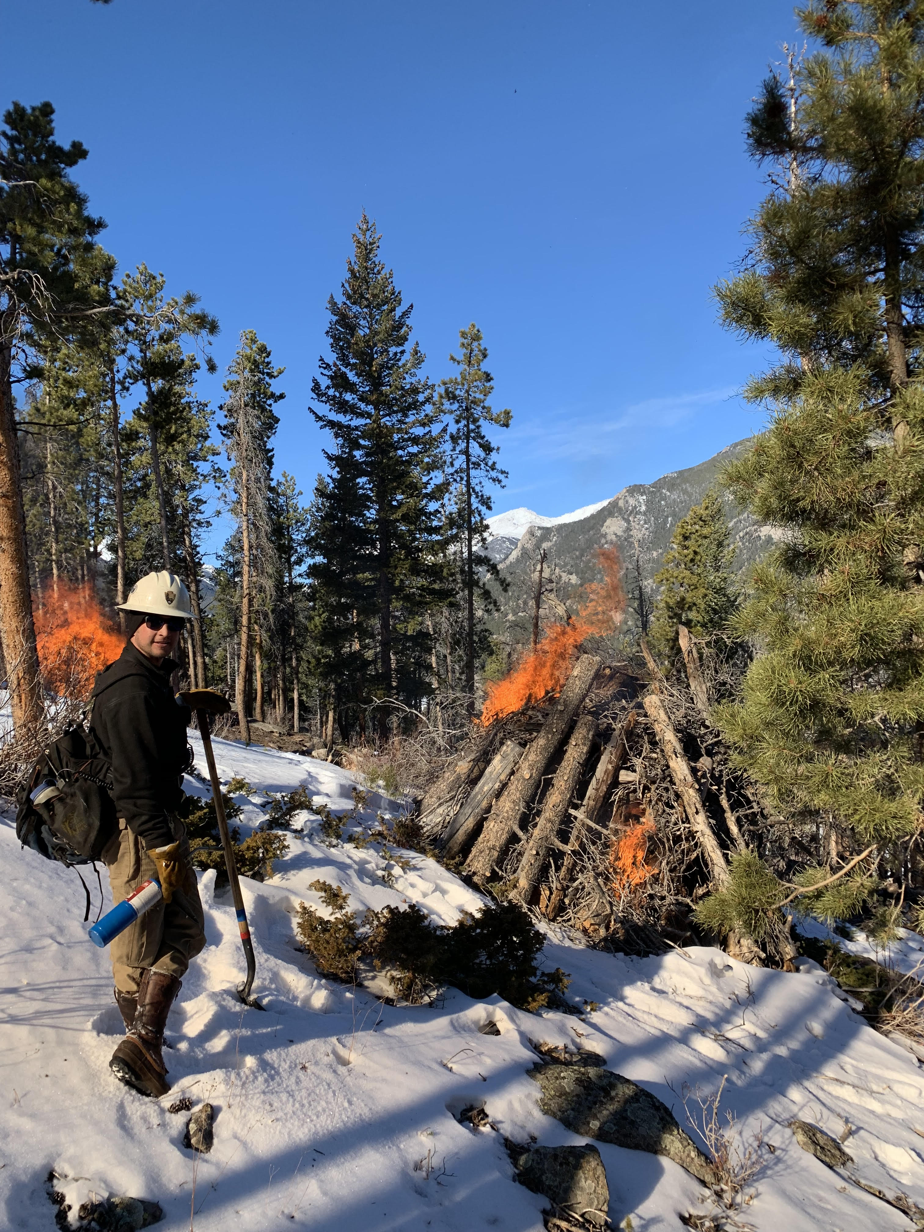 Fire manager standing near managed active burn pile on Deer Mountain in Rocky Mountain National Park.