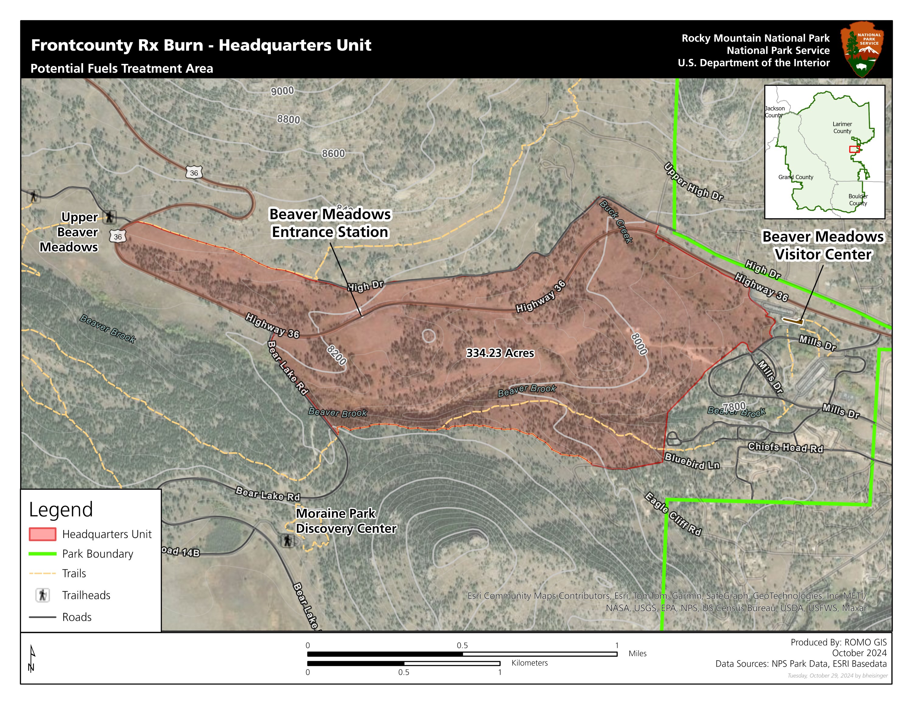 RMNP Broadcast Burn Map Near Beaver Meadows Visitor Center Courtesy RMNP This map shows the 334-acre Headquarters Unit of the front country prescribed fire at Rocky Mountain National Park. Firefighters are preparing to complete a 100-acre section of this unit beginning Friday, November 1, 2024.