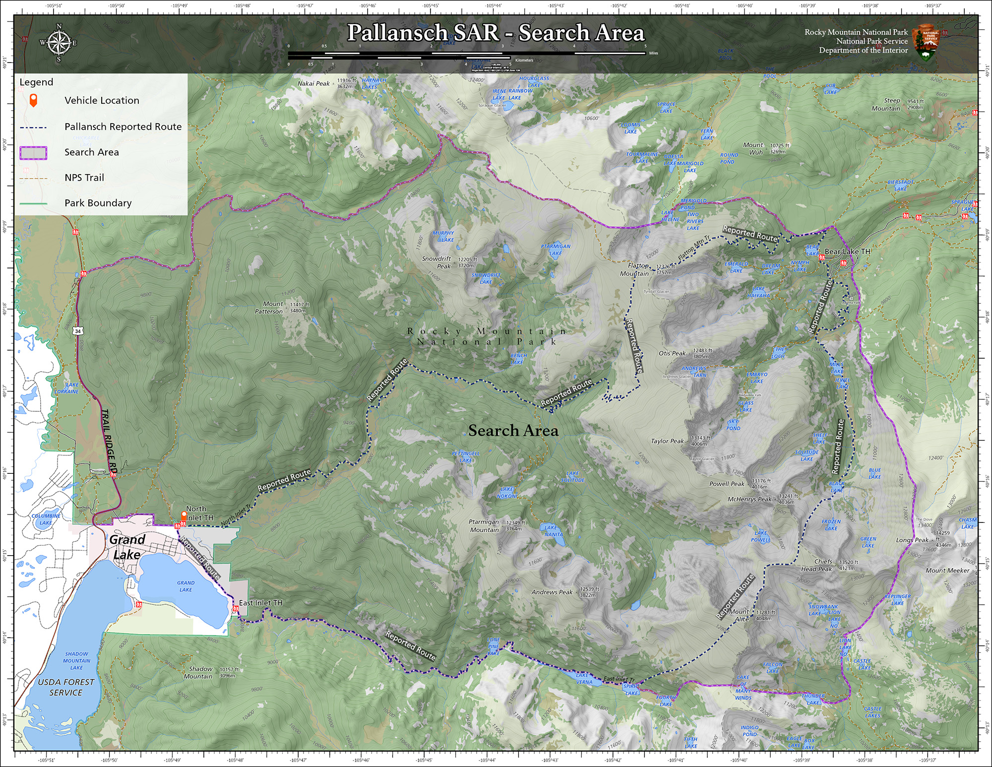 Map of Rocky Mountain Natoinal Park showing the Pallansch Search Area and his intended route from the North Inlet Trailhead to Black Lake and back to the East Inlet Trailhead