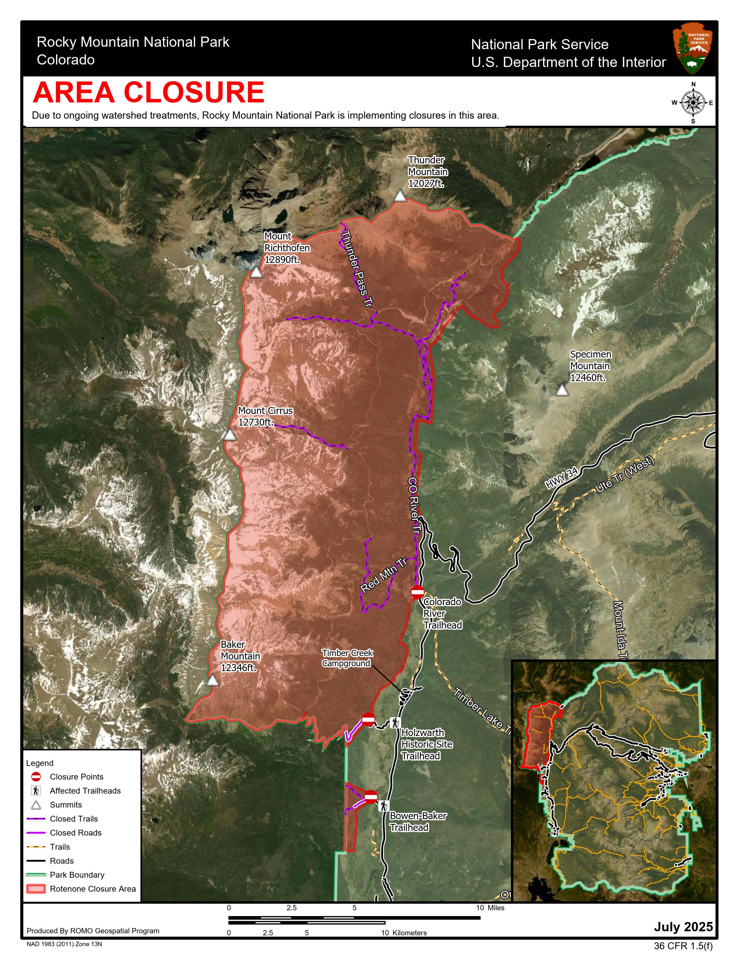 RMNP Area Closure Map showing that an area in the Kawuneeche Valley, including the Colorado River Trail, will be closed for rotenone treatments. 