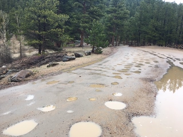 Wild Basin Road Potholes Spring 2021 Courtesy Rocky Mountain National Park Potholes on Wild Basin Road Spring 2021