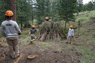 Ranger demonstrates how to safely add a log to a burn pile Ranger demonstrates how to safely add a log to a burn pile