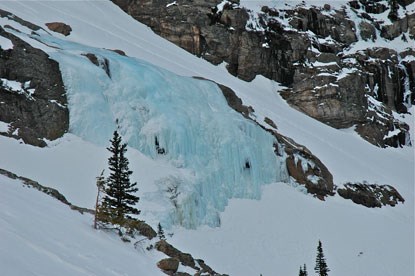 A frozen Grace Falls in the winter.
