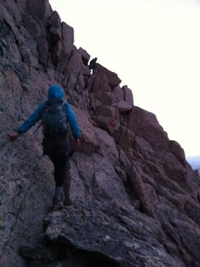 Climbing up the ledges along the Keyhole Route up to the Longs Peak summit.