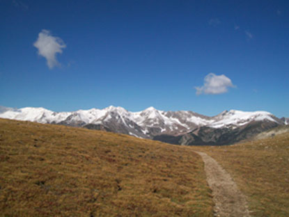 The snow covered Peaks of the Never Summer Mountain Range.