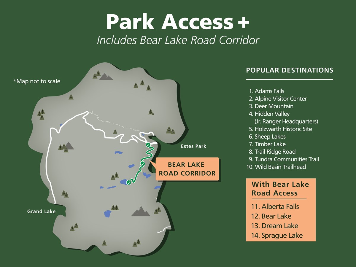 Summer reservations at Rocky Mountain National Park. 2022 Timed Entry Permits - Park Access +
Image shows map of Park Access reservations.
