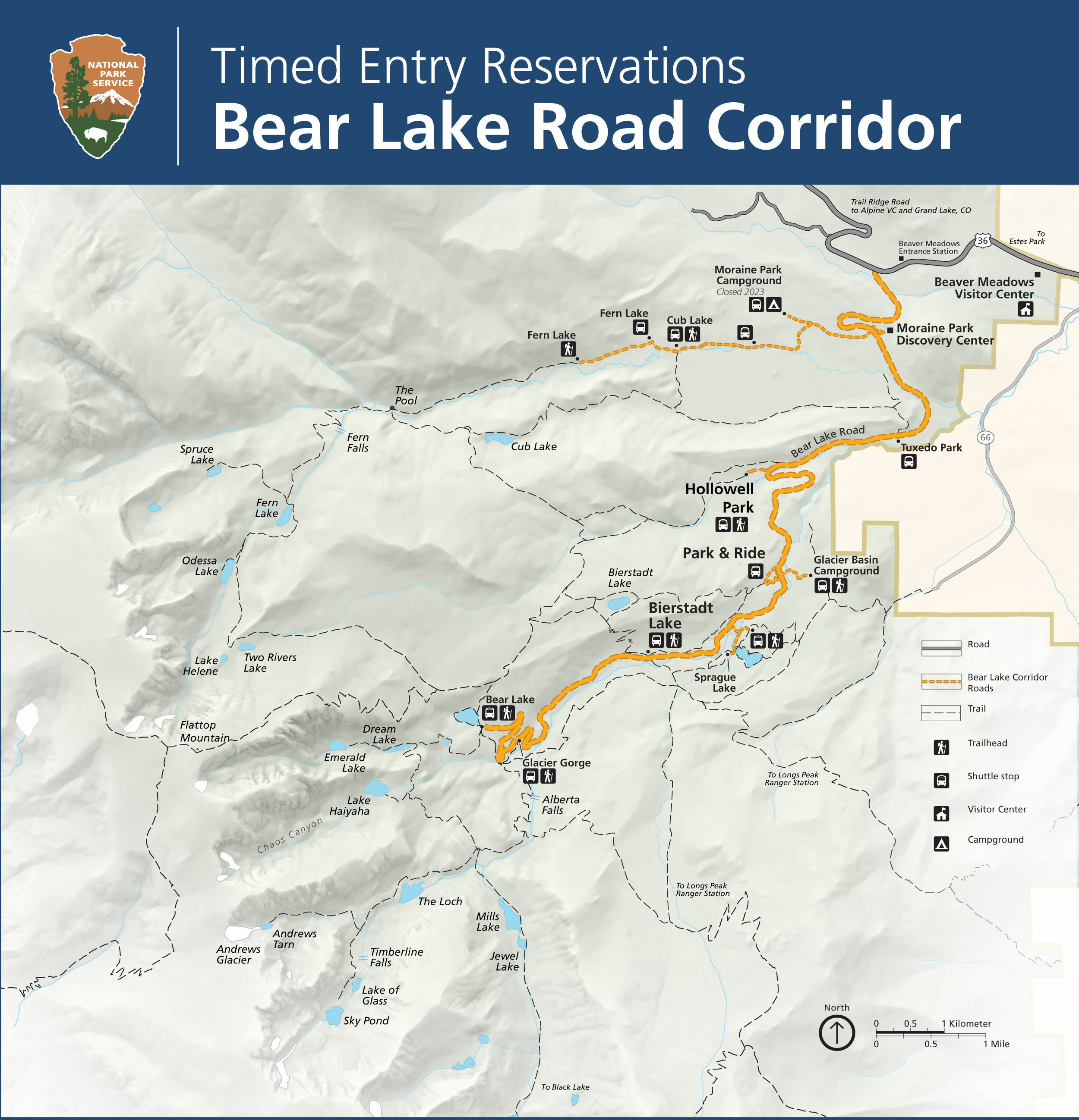 RMNP Timed Entry Permit Map showing the Bear Lake Road Corridor