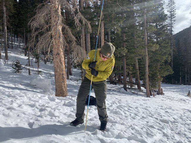 A park ranger is demonstrating how to use an avalanche rescue probe