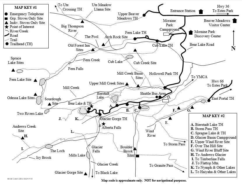 Drawing of Bear Lake area map showing location of wilderness campsites