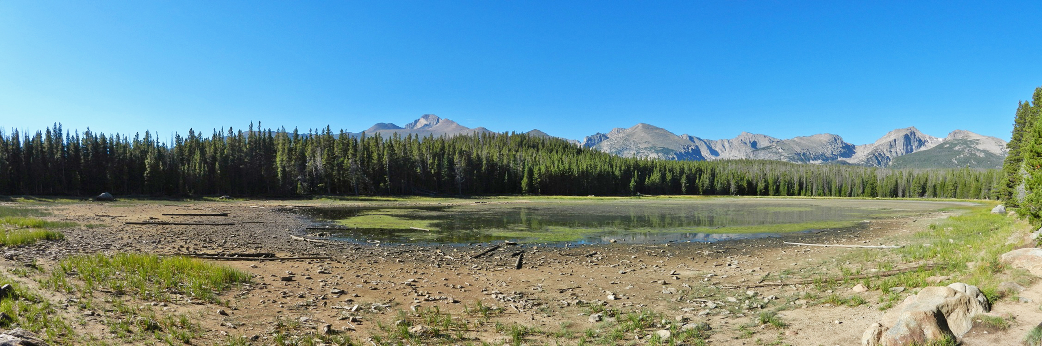 Bierstadt Lake with very low water and green algae