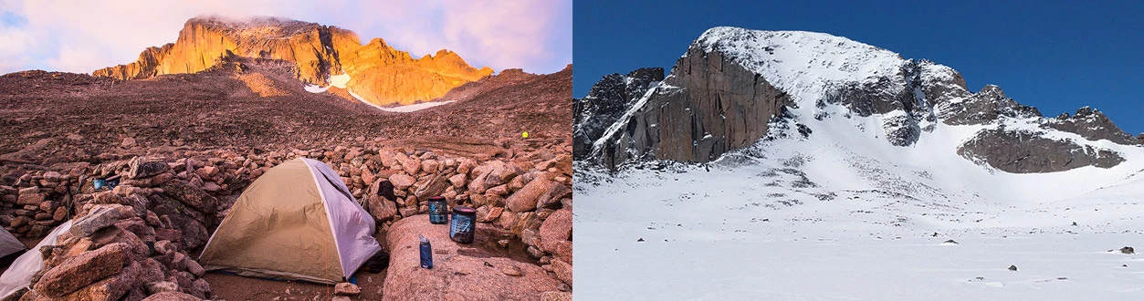 Longs Peak from the Boulderfield in summer and winter. At left, a tent and campsite in rocks with a peak behind. On right, a field of windblown snow below the summit of Longs Peak.