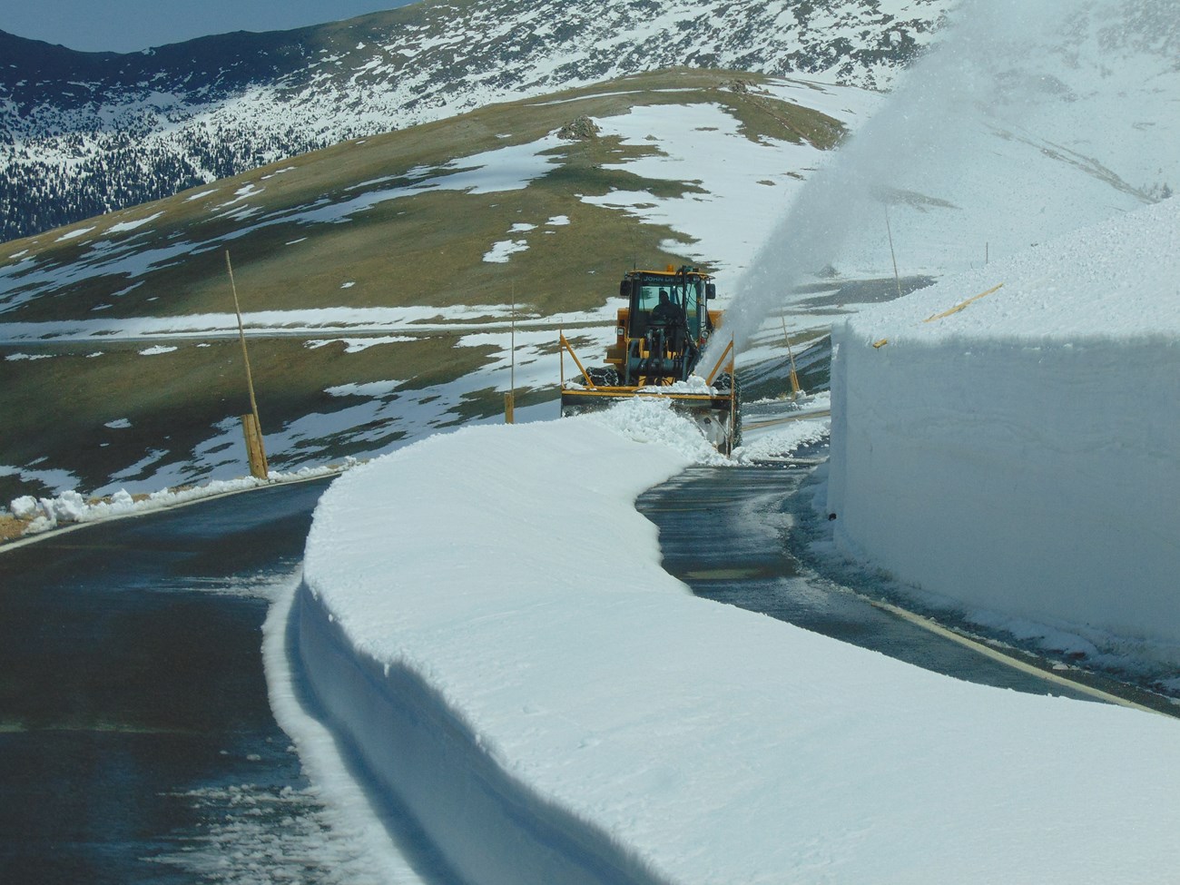 A rotary snowplow is clearning snow drifts from Trail Ridge Road