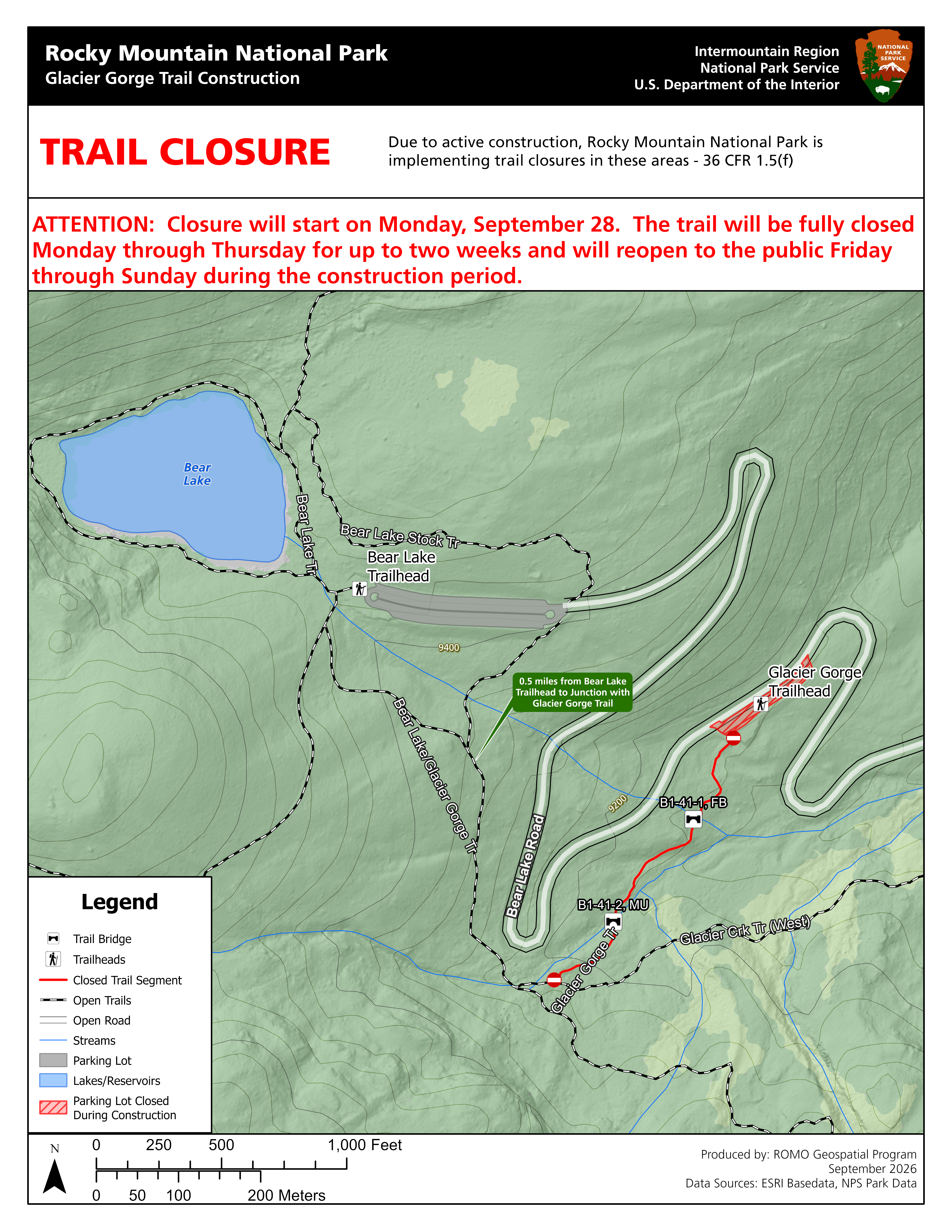 Glacier Gorge Trail Construction Closure Map 2026