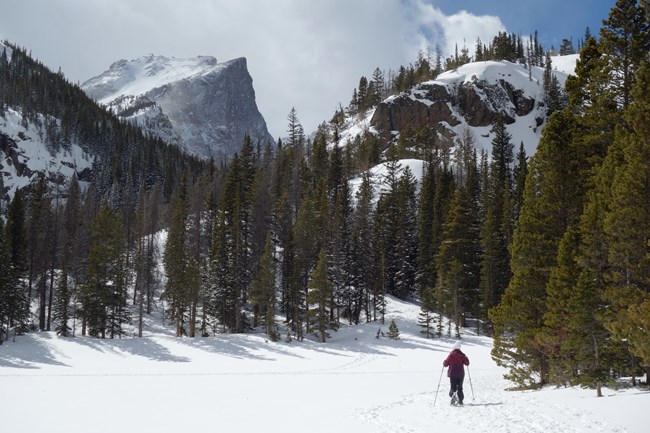A visitor is cross-country skiing with mountain peaks in the background