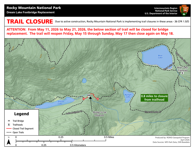 Map showing a section of trail above Nymph Lake is closed for a bridge replacement project