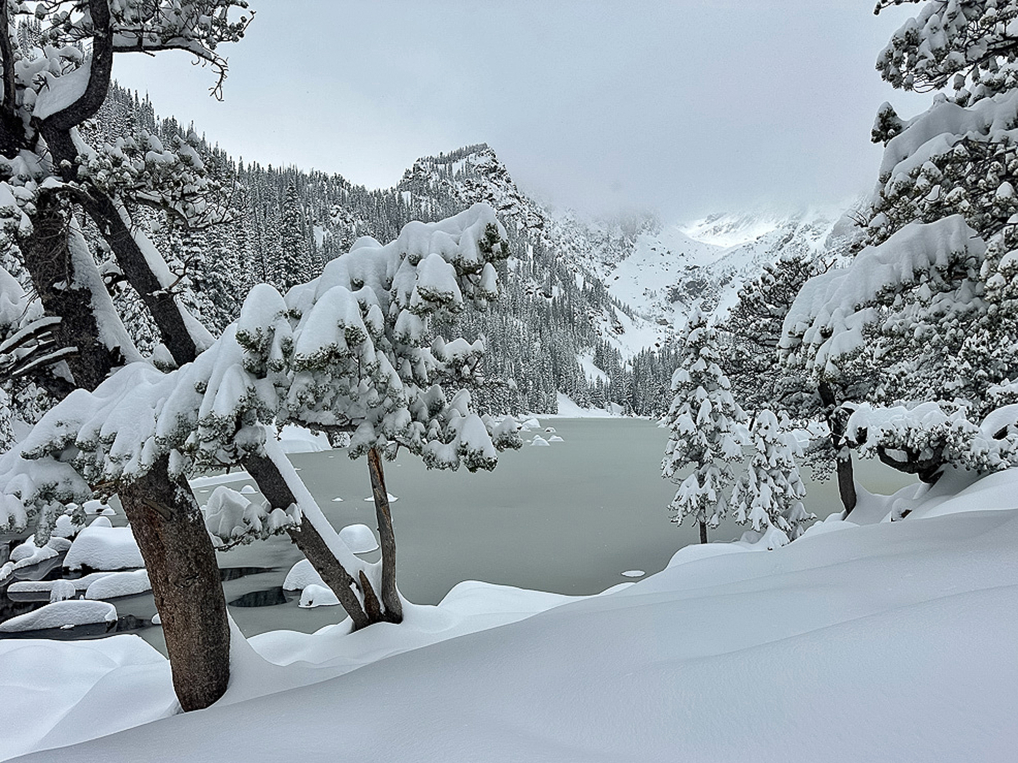Dream Lake with new snow on May 6, 2026