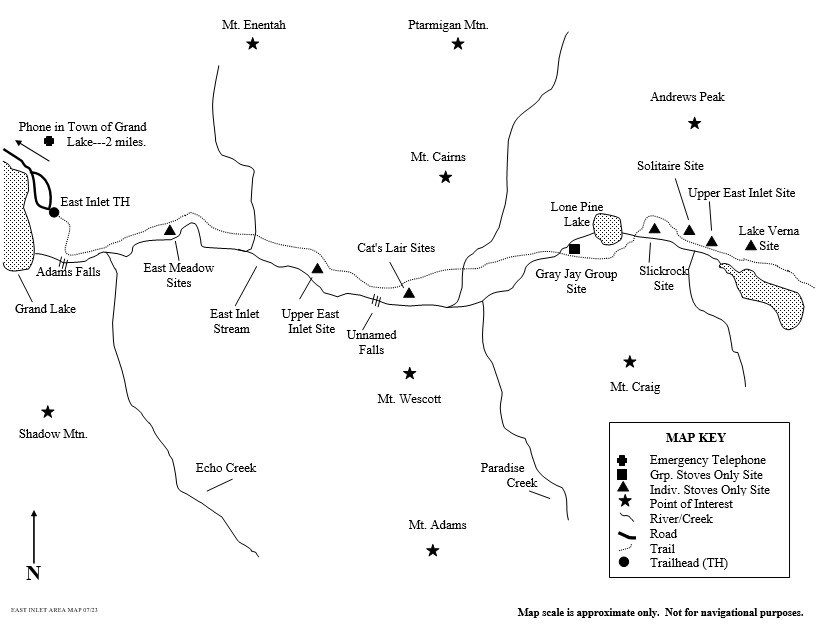 Drawing of East Inlet area map showing location of wilderness campsites