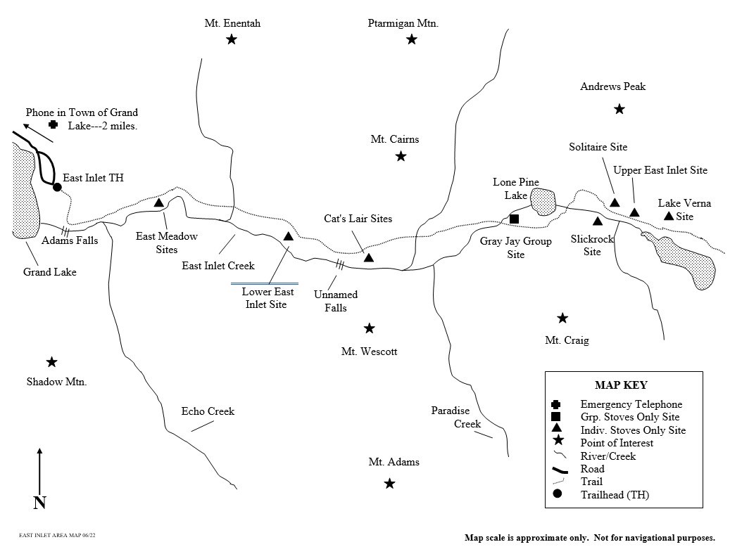 Drawing of East Inlet area map showing location of wilderness campsites
