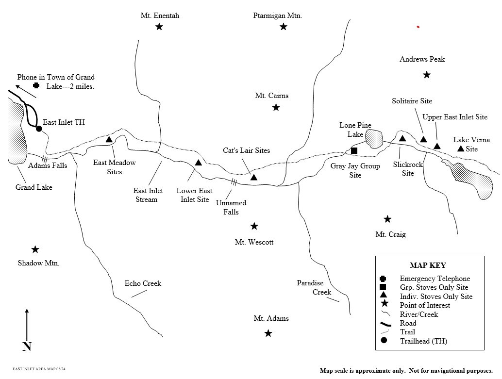 Drawing of East Inlet area map showing location of wilderness campsites