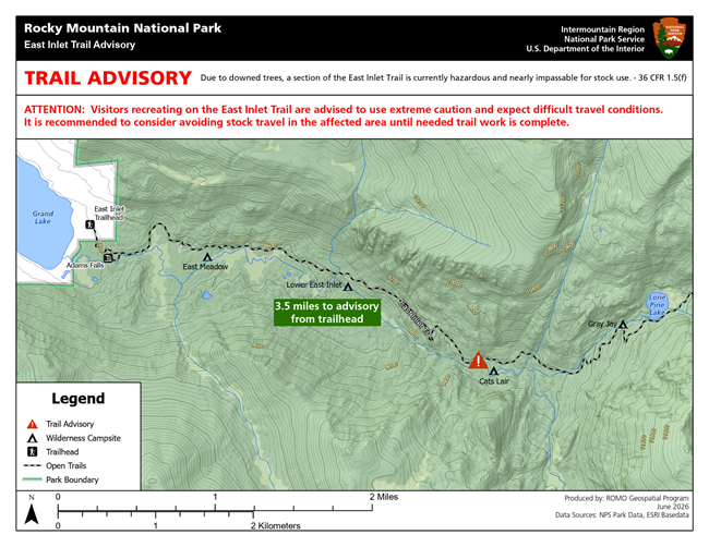 Map of the East Inlet Trail on the west side of RMNP