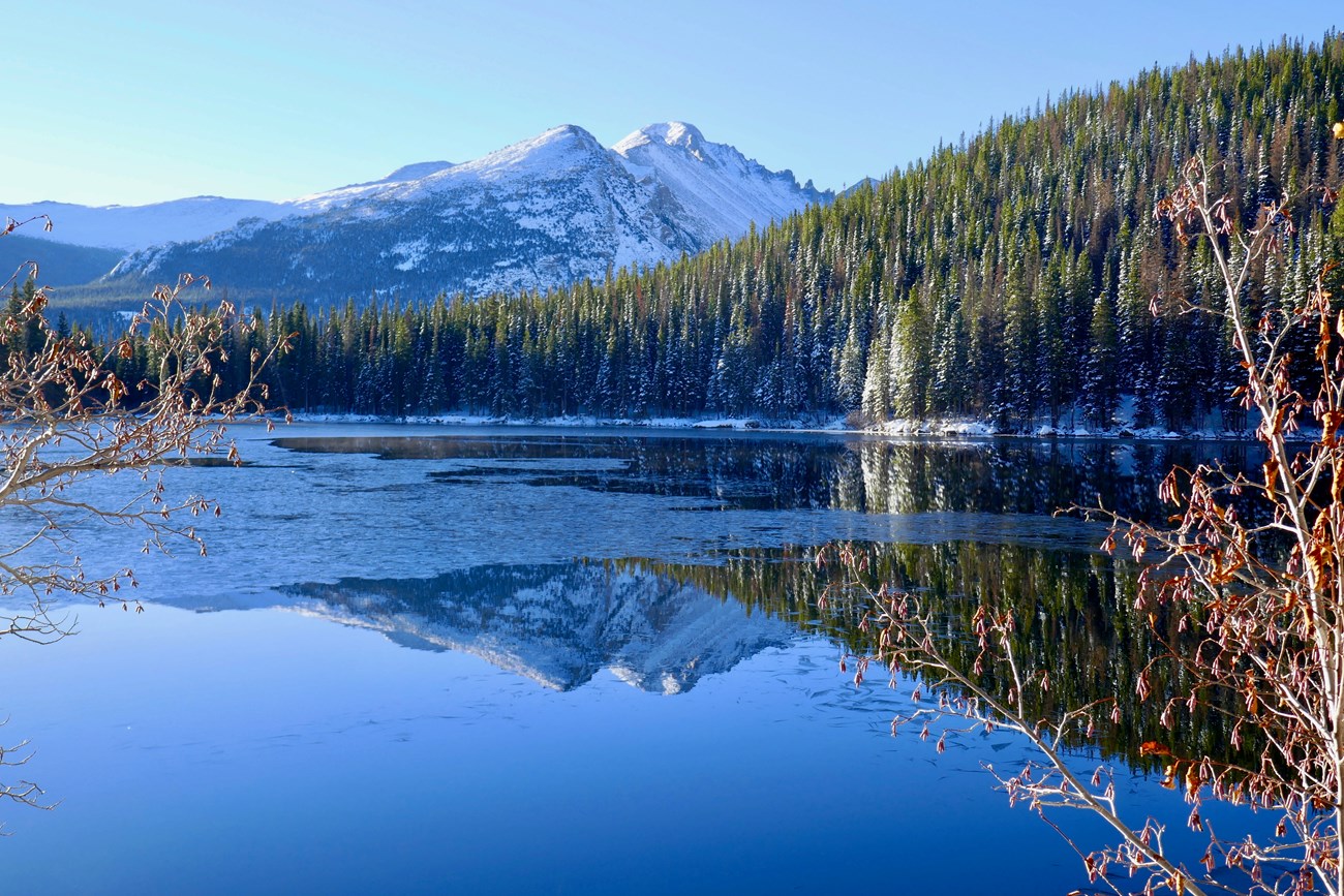 Half Mountain and Longs Peak with snow reflected in Bear Lake