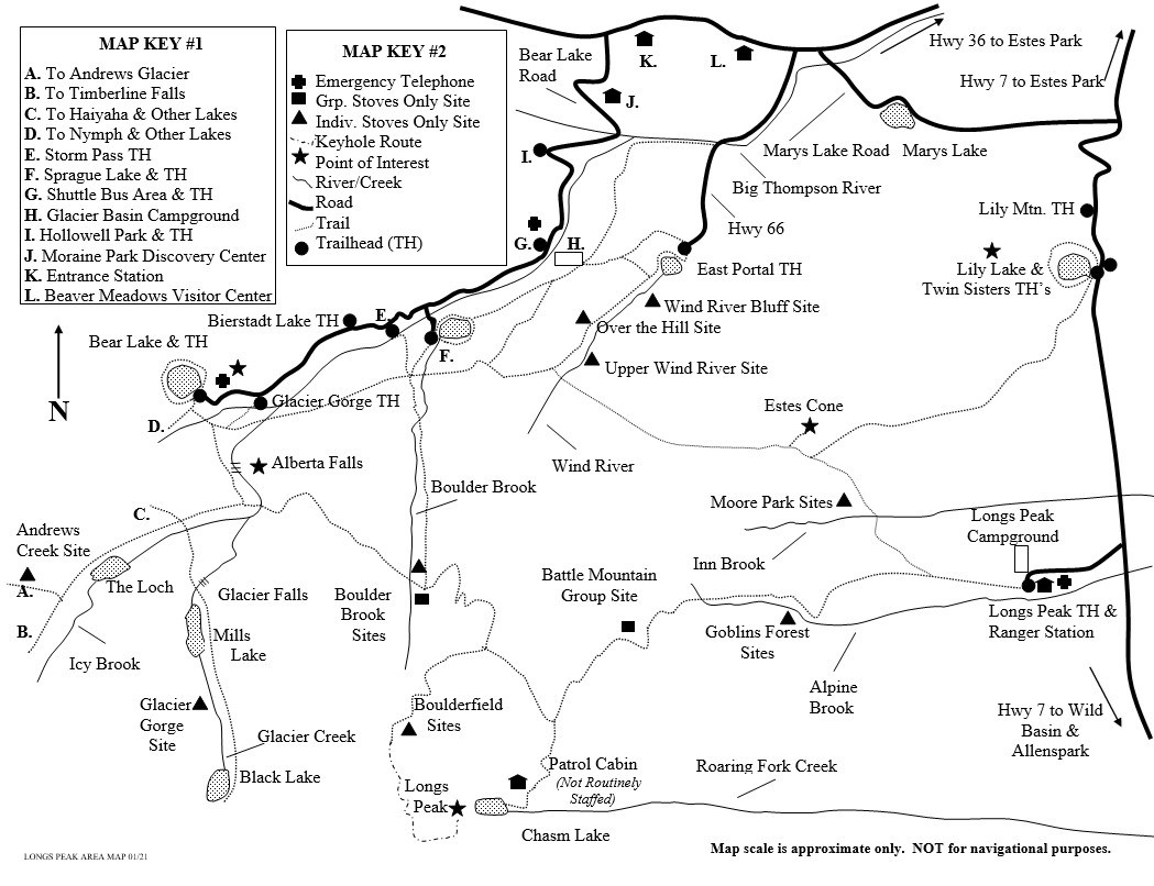 Drawing of Longs Peak area map showing location of wilderness campsites