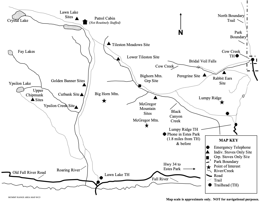 Drawing of Mummy Range area map showing location of wilderness campsites