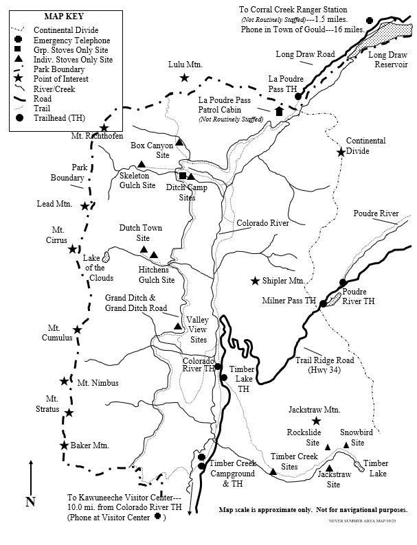 Drawing of Never Summer area map showing location of wilderness campsites