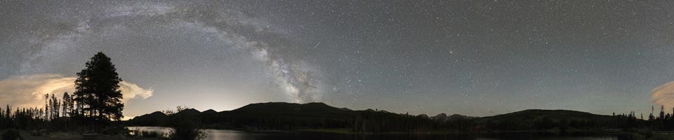 The milky way arches through a star speckled sky over Sprague Lake.