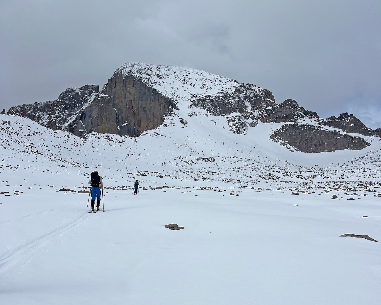 North Face of Longs Peak in May covered with snow