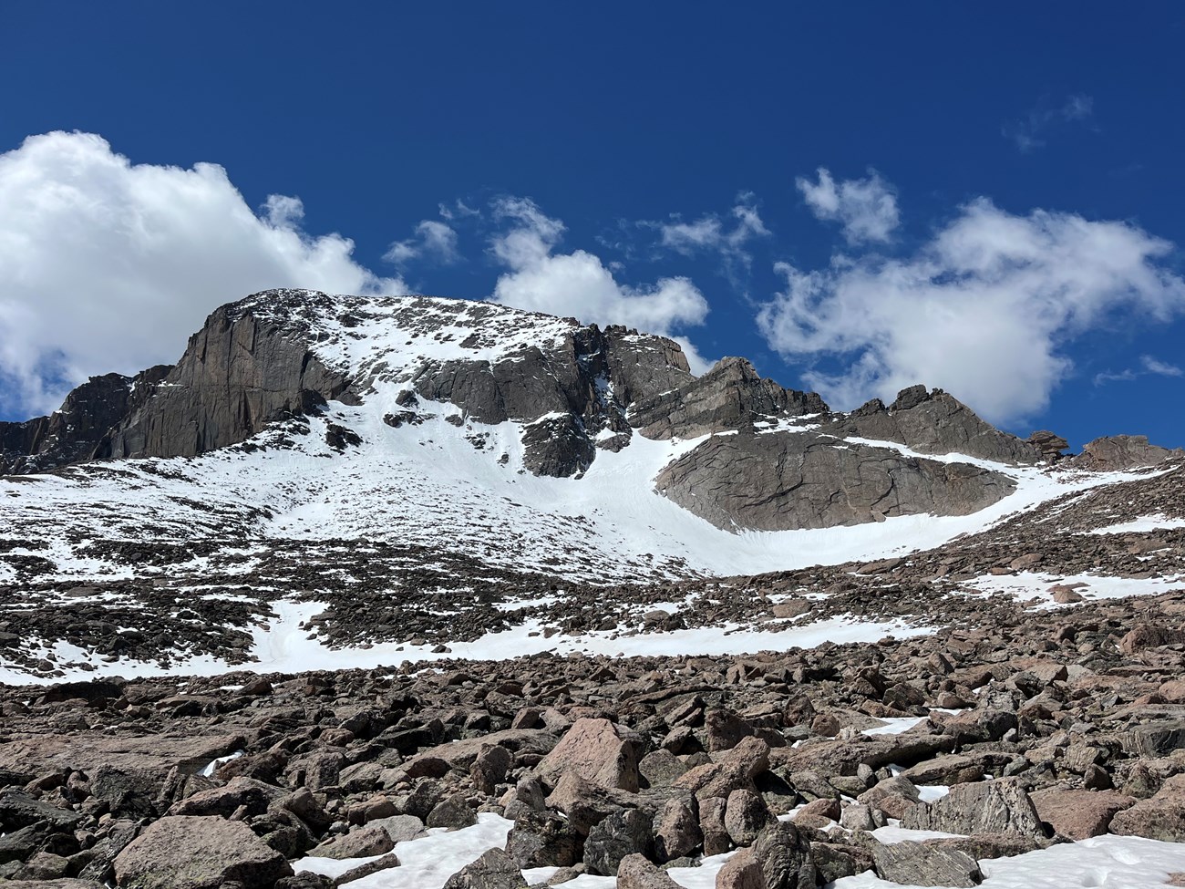 North Face of Longs Peak with snow on the mountain