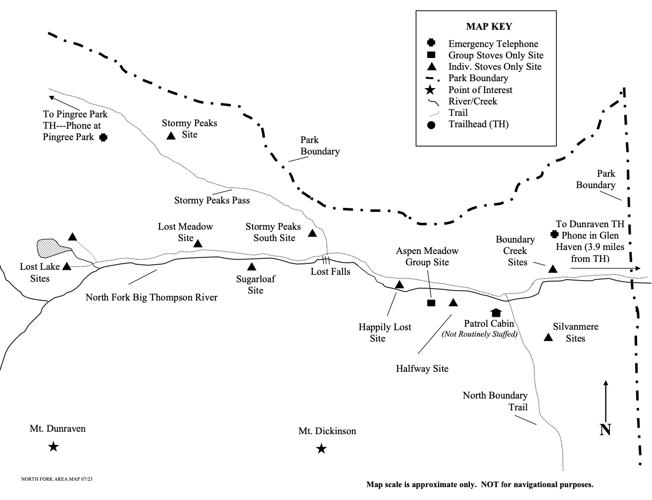 Drawing of North Fork Area Map showing location of wilderness campsites